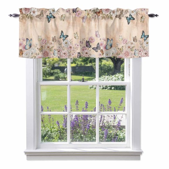 Butterfly Flower Valances for Windows Vintage Pink Rose Floral Retro Farmhouse Country Rod Pocket Cafe Window Treatments Valance Curtains for Kitchen Bathroom Laundry Basement Windows 54"x18"