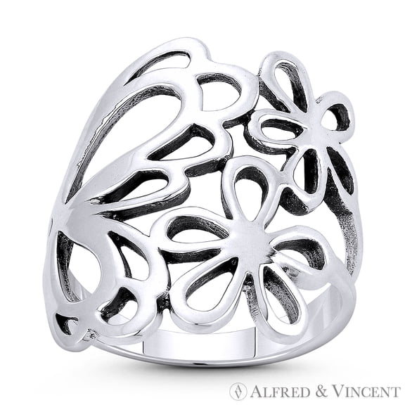 Butterfly & Flower Wide Charm Right-Hand Boho Statement Ring in Oxidized .925 Sterling Silver