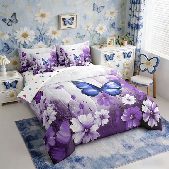 Butterfly Flowers 7 Piece Comforter Set Full Bed in a Bag,Blue Purple Ombre Art Oil Painting Floral Bedding Sets Rustic Aesthetic Animal Daisy Flower Sheet Set with Comforter