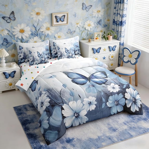 Butterfly Flowers 7 Piece Comforter Set Full Bed in a Bag,Light Blue Ombre Art Oil Painting Floral Bedding Sets Rustic Aesthetic Animal Daisy Flower Sheet Set with Comforter