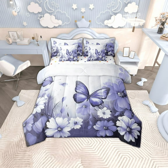 Butterfly Flowers 7 Piece Comforter Set Full Bed in a Bag,Light Purple Ombre Art Oil Painting Floral Bedding Sets Rustic Aesthetic Animal Daisy Flower Sheet Set with Comforter