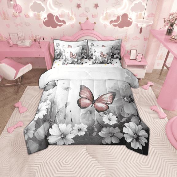 Butterfly Flowers 7 Piece Comforter Set Full Bed in a Bag,Pink Grey Ombre Art Oil Painting Floral Bedding Sets Rustic Aesthetic Animal Daisy Flower Sheet Set with Comforter