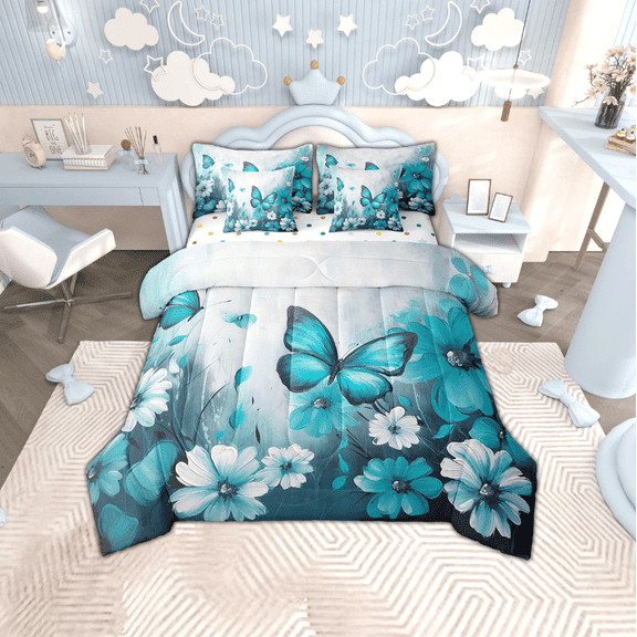 Butterfly Flowers 7 Piece Comforter Set Full Bed in a Bag,Teal Ombre Art Oil Painting Floral Bedding Sets Rustic Aesthetic Animal Daisy Flower Sheet Set with Comforter