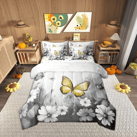 Butterfly Flowers 7 Piece Comforter Set Full Bed in a Bag,Yellow Grey Ombre Art Oil Painting Floral Bedding Sets Rustic Aesthetic Animal Daisy Flower Sheet Set with Comforter