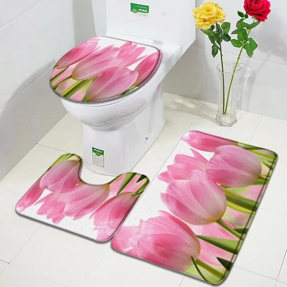 Butterfly Flowers Bath Mat Set Purple Yellow Daisy Floral Plants Spring Rustic Scenery Bathroom Decor Non-Slip Rugs Toilet Cover