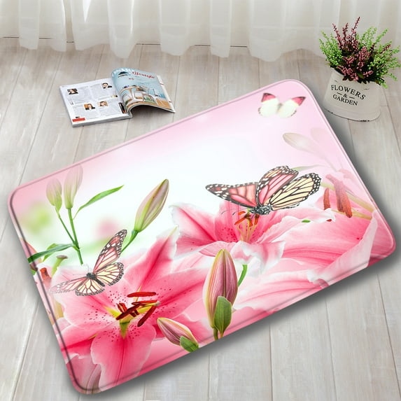 Butterfly Flowers Bath Mat Set Rustic Pink Floral Plant Nature Scenery Home Carpet Bathroom Decor Non-Slip Rug Toilet Lid Cover