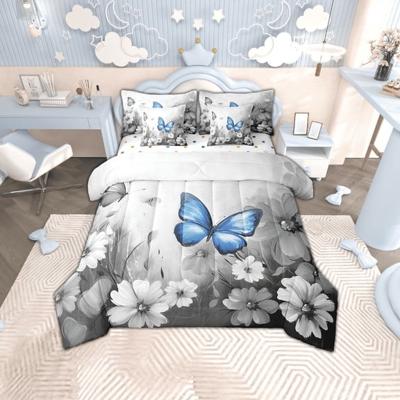 Butterfly Flowers Bed in a Bag King Size Comforter Set 7 Pieces,Blue Grey Ombre Art Oil Painting Floral Bedding Sets Rustic Aesthetic Animal Daisy Flower Sheet Set with Comforter