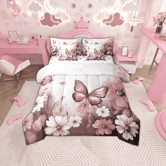 Butterfly Flowers Bed in a Bag King Size Comforter Set 7 Pieces,Brown Ombre Art Oil Painting Floral Bedding Sets Rustic Aesthetic Animal Daisy Flower Sheet Set with Comforter