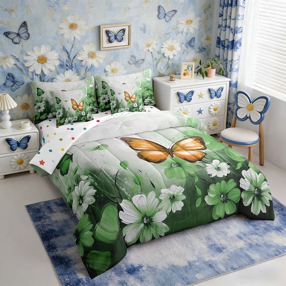 Butterfly Flowers Bed in a Bag King Size Comforter Set 7 Pieces,Orange Green Ombre Art Oil Painting Floral Bedding Sets Rustic Aesthetic Animal Daisy Flower Sheet Set with Comforter