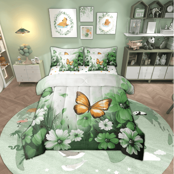 Butterfly Flowers Bed in a Bag King Size Comforter Set 7 Pieces,Orange Green Ombre Art Oil Painting Floral Bedding Sets Rustic Aesthetic Animal Daisy Flower Sheet Set with Comforter