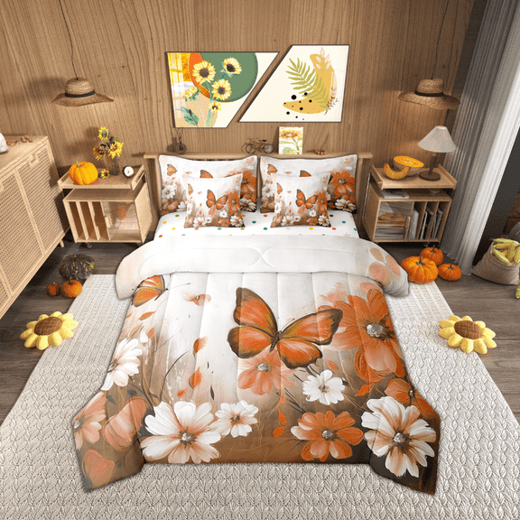 Butterfly Flowers Bed in a Bag King Size Comforter Set 7 Pieces,Orange Ombre Art Oil Painting Floral Bedding Sets Rustic Aesthetic Animal Daisy Flower Sheet Set with Comforter