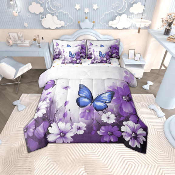 Butterfly Flowers Bed in a Bag Queen Comforter Set 7 Piece,Blue Purple Ombre Art Oil Painting Floral Bedding Sets Rustic Aesthetic Animal Daisy Flower Sheet Set with Comforter