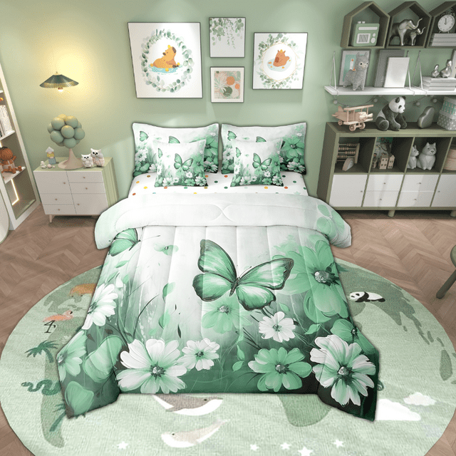 Butterfly Flowers Bed in a Bag Queen Comforter Set 7 Piece,Cyan Ombre Art Oil Painting Floral Bedding Sets Rustic Aesthetic Animal Daisy Flower Sheet Set with Comforter
