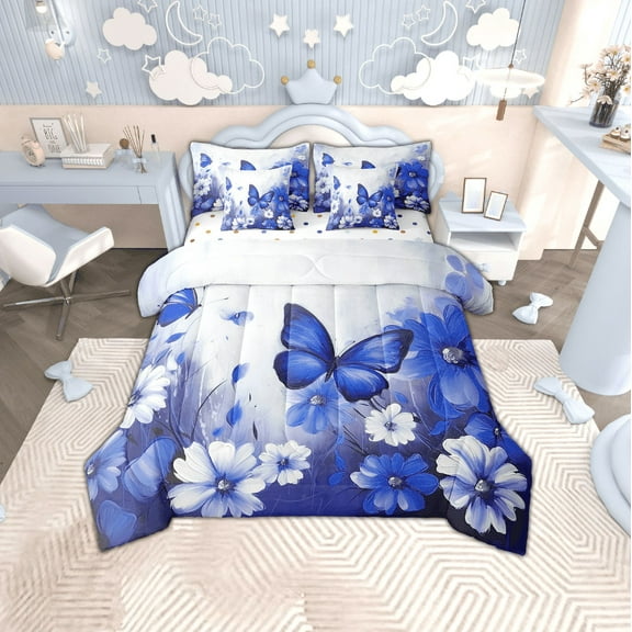 Butterfly Flowers Bed in a Bag Queen Comforter Set 7 Piece,Dark Blue Ombre Art Oil Painting Floral Bedding Sets Rustic Aesthetic Animal Daisy Flower Sheet Set with Comforter