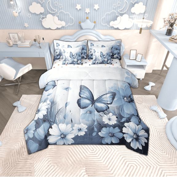 Butterfly Flowers Bed in a Bag Queen Comforter Set 7 Piece,Light Blue Ombre Art Oil Painting Floral Bedding Sets Rustic Aesthetic Animal Daisy Flower Sheet Set with Comforter