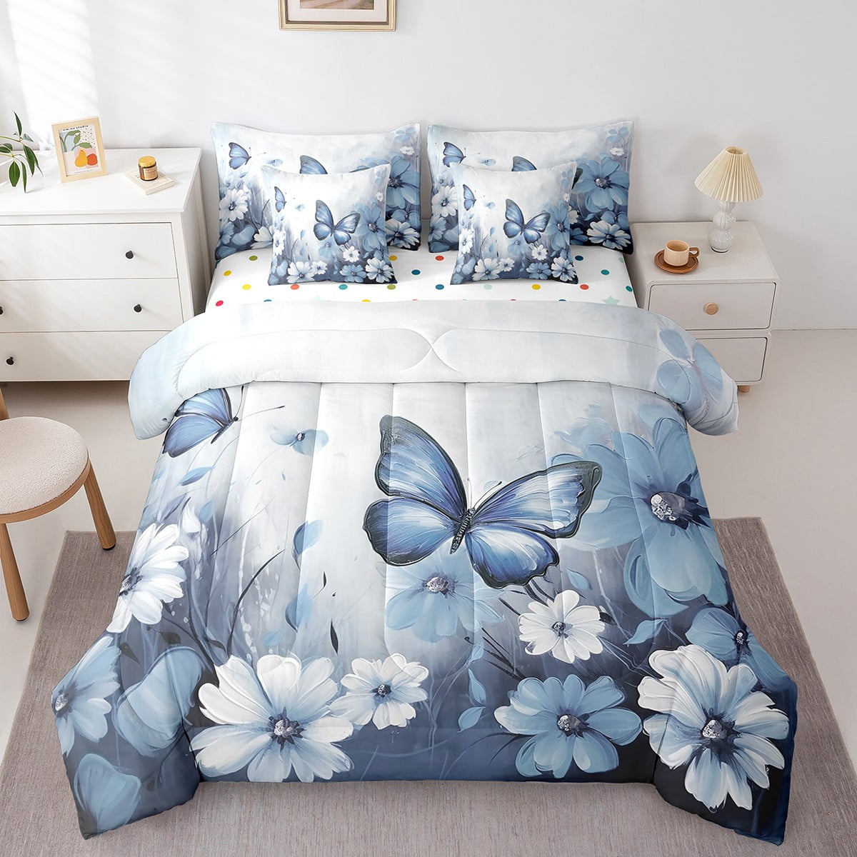 Butterfly Flowers Bed in a Bag Queen Comforter Set 7 Piece,Light Blue