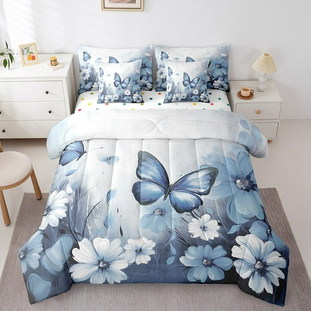 Butterfly Flowers Bed in a Bag Queen Comforter Set 7 Piece,Light Blue
