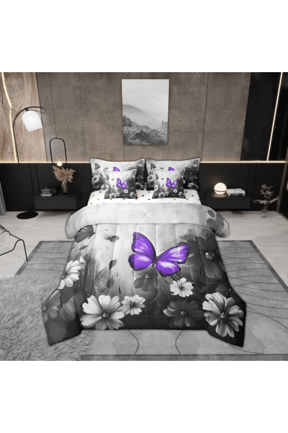 Butterfly Flowers Bed in a Bag Queen Comforter Set 7 Piece,Purple Black Ombre Art Oil Painting Floral Bedding Sets Rustic Aesthetic Animal Daisy Flower Sheet Set with Comforter