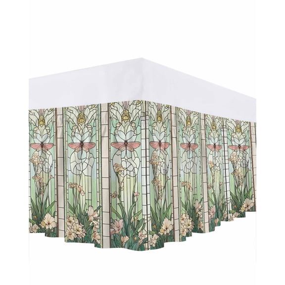 Butterfly Flowers Bed Skirt Cal King Size, Vintage Stained Glass Green Spring Wrap Around Bed Skirting with Adjustable Elastic Strap, Dust Ruffled Pleated Bedskirts 18 Inch Drop for Bedroom Beds