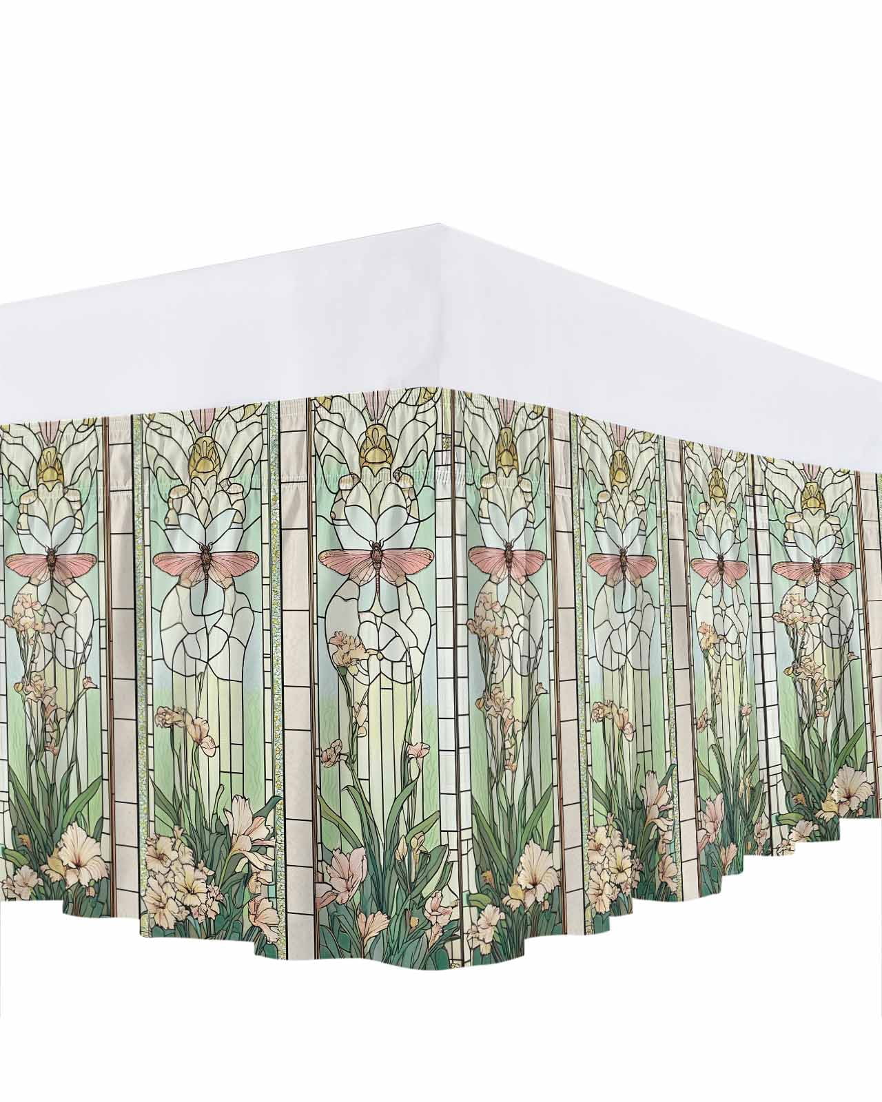Butterfly Flowers Bed Skirt Queen Size, Vintage Stained Glass Green Spring Wrap Around Bed Skirting with Adjustable Elastic Strap, Dust Ruffle Pleated Bedskirts 16 Inch Drop for Bedroom Queen Beds