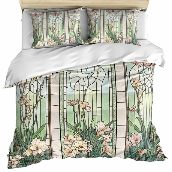 Butterfly Flowers Bedding 3 Piece Duvet Cover Set California King, Vintage Stained Glass Green Spring Soft Microfiber Comforter Cover with Zipper Closure & Pillowcases, FadeResistant Quilt Cover