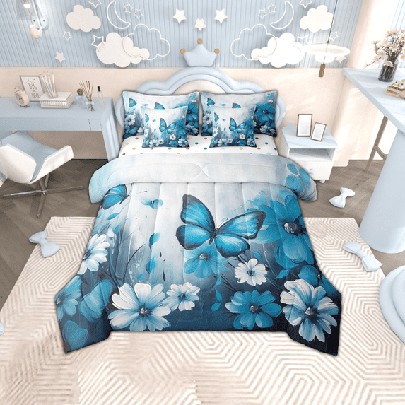 Butterfly Flowers Comforter Set 7 Piece Bed in a Bag Twin,Blue Ombre Art Oil Painting Floral Bedding Sets Rustic Aesthetic Animal Daisy Flower Sheet Set with Comforter