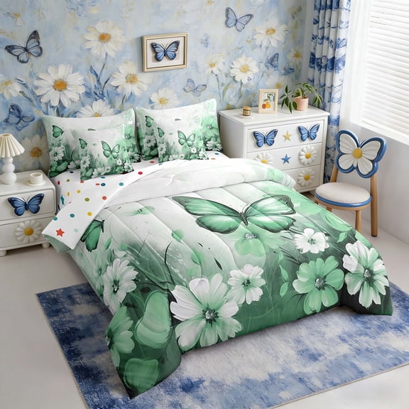 Butterfly Flowers Comforter Set 7 Piece Bed in a Bag Twin,Cyan Ombre Art Oil Painting Floral Bedding Sets Rustic Aesthetic Animal Daisy Flower Sheet Set with Comforter