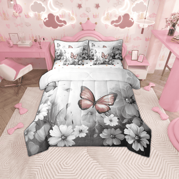 Butterfly Flowers Comforter Set 7 Piece Bed in a Bag Twin,Pink Grey Ombre Art Oil Painting Floral Bedding Sets Rustic Aesthetic Animal Daisy Flower Sheet Set with Comforter