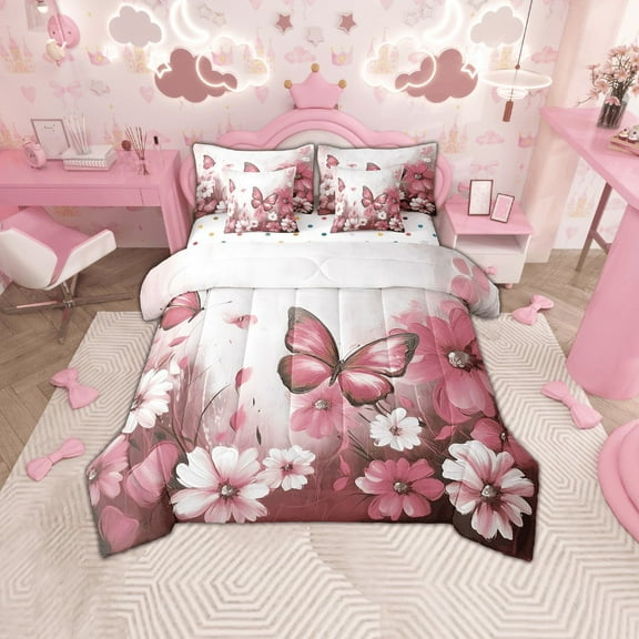 Butterfly Flowers Comforter Set 7 Piece Bed in a Bag Twin,Pink Ombre Art Oil Painting Floral Bedding Sets Rustic Aesthetic Animal Daisy Flower Sheet Set with Comforter