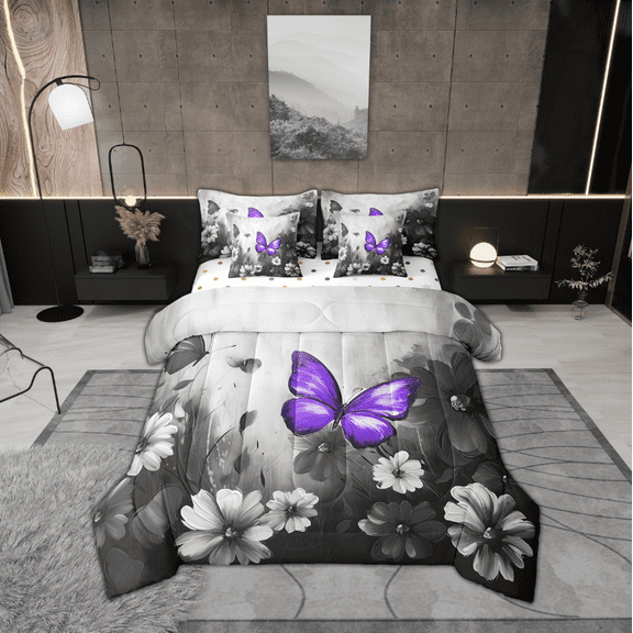 Butterfly Flowers Comforter Set 7 Piece Bed in a Bag Twin,Purple Black Ombre Art Oil Painting Floral Bedding Sets Rustic Aesthetic Animal Daisy Flower Sheet Set with Comforter