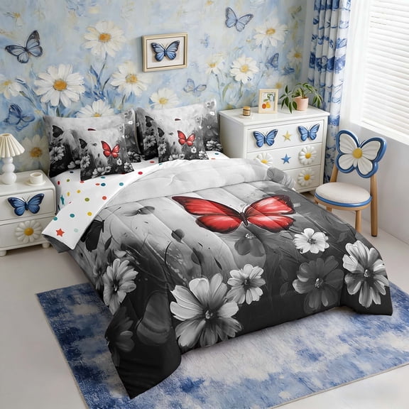 Butterfly Flowers Comforter Set 7 Piece Bed in a Bag Twin,Red Black Ombre Art Oil Painting Floral Bedding Sets Rustic Aesthetic Animal Daisy Flower Sheet Set with Comforter