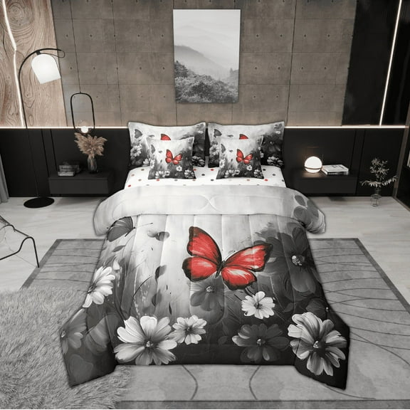 Butterfly Flowers Comforter Set 7 Piece Bed in a Bag Twin,Red Black Ombre Art Oil Painting Floral Bedding Sets Rustic Aesthetic Animal Daisy Flower Sheet Set with Comforter