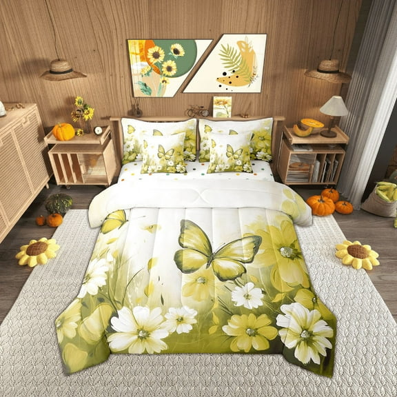 Butterfly Flowers Comforter Set 7 Piece Bed in a Bag Twin,Yellow Ombre Art Oil Painting Floral Bedding Sets Rustic Aesthetic Animal Daisy Flower Sheet Set with Comforter