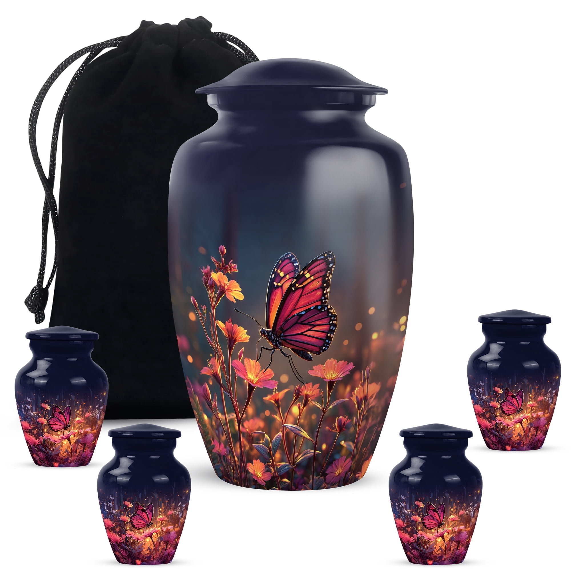Butterfly Flowers Cremation Urn For Human Ashes Adult Male - 1 Large Urn For Human Asshes For Women - Pink Mini Urns For Mother And Father Set Of 4 - Blue Urns For Adults Brother (10&3) Inch