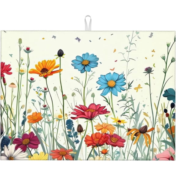 Butterfly Flowers Dish Drying Mat 18x24 Inch, Microfiber Absorbent Fast Dry Mat Daisy Floral Large Dish Mat Drying Kitchen Mat, Kitchen Drying Pad for Kitchen Counter Coffee Bar Decor Gifts