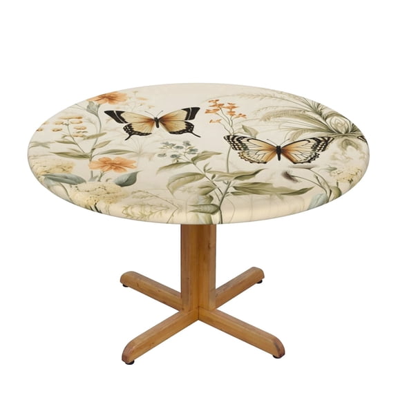 Butterfly Flowers Round Fitted Tablecloth with Elastic Edged, Windproof Wipe Clean Table Cover for Outdoor Indoor Patio Kitchen - Fits Tables 45" to 50" Diameter