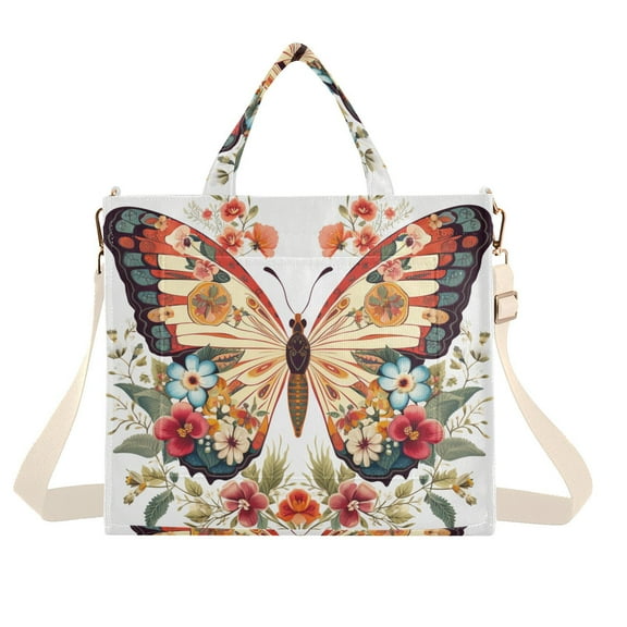 Butterfly Flowers Floral Corduroy Tote Bag Handbag Large Messenger Bag Shoulder Crossbody Zipper Bag Purse