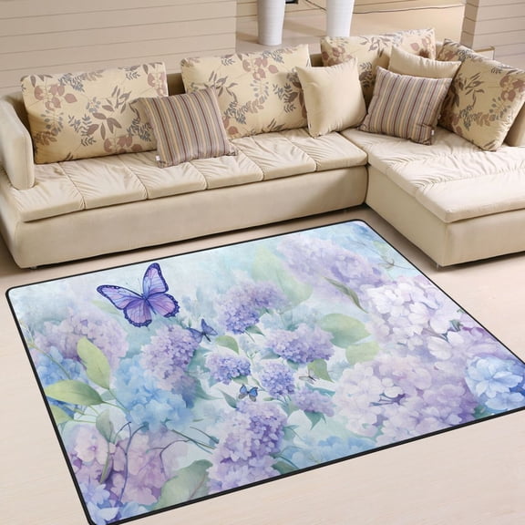 Butterfly Flowers Hydrangea Area Rug Washable 80 x 58 Floor Carpet Mat Non Slip for Bedroom Living Room Home Decor