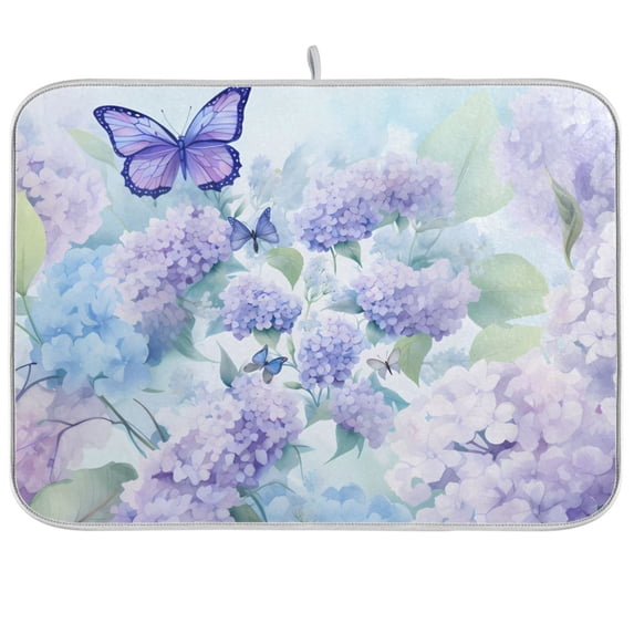 Butterfly Flowers Hydrangea Dish Drying Mat Dish Drainer Rack Mats Water Absorbent Non-Slip Easy Clean Heat Resistant for Kitchen Counter