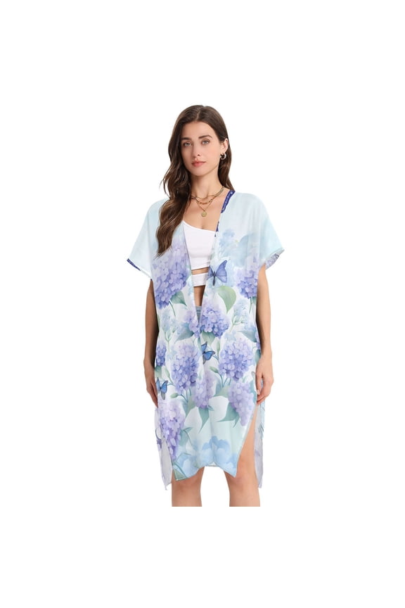 Butterfly Flowers Hydrangea Women Swimsuit Cover up V Neck Beach Dress Short Sleeve Vacation Outfits Swimwear