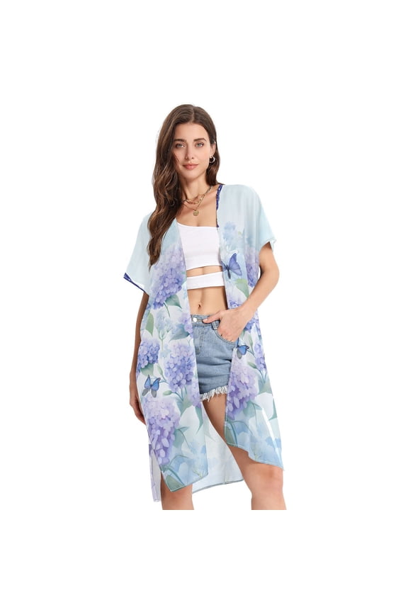 Butterfly Flowers Hydrangea Women Swimsuit Cover up V Neck Beach Dress Short Sleeve Vacation Outfits Swimwear