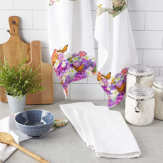 Butterfly Flowers Kettle Watercolor Painting Printed Tea Hand Towel Kitchen Dishcloth Water Absorption Household Cleaning Cloth