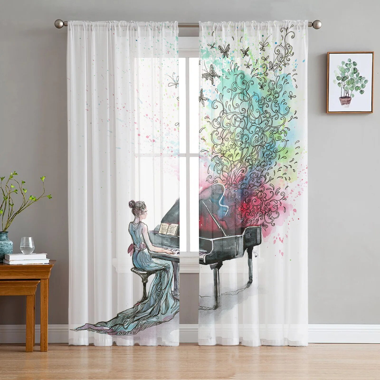 Butterfly Flowers Kettle Watercolor Painting Sheer Curtain for Living ...