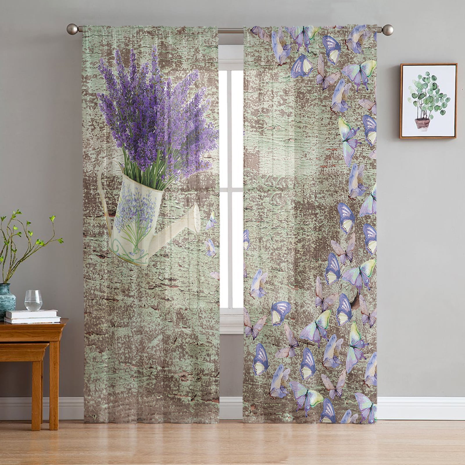 Butterfly Flowers Kettle Watercolor Painting Sheer Curtain for Living