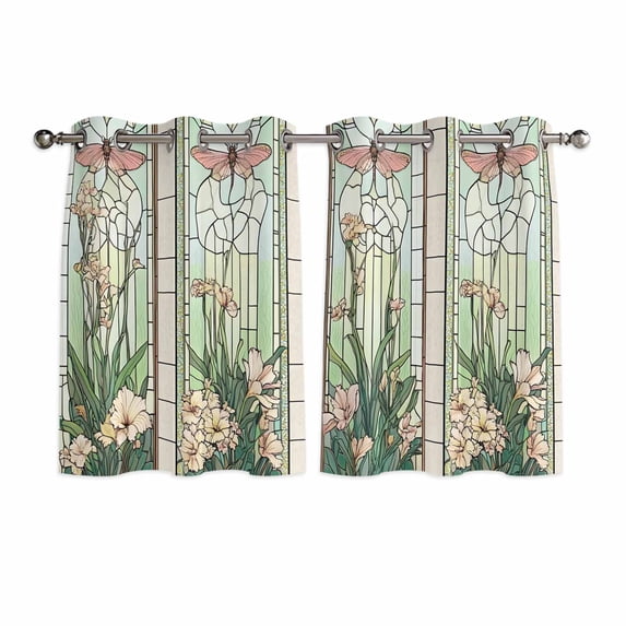 Butterfly Flowers Kitchen Curtains Short 54 Inch Length, Vintage Stained Glass Green Spring Grommet Top Bedroom Living Room Curtains, Light Filtering Cafe Curtain Drapes 2 Panels Set 84''x54''