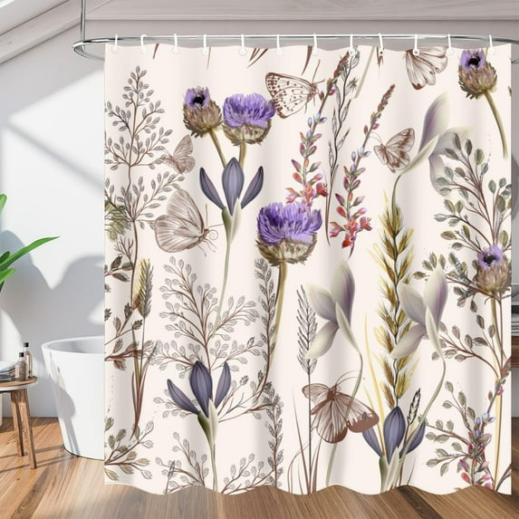 Butterfly Flowers Pattern Shower Curtain for Bathroom Shower Curtain Set with 12 Hooks Waterproof Fabric Bath Curtain for Bathtub Restroom Decor, 72 X 72 in