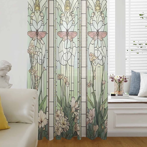 Butterfly Flowers Semi Sheer Curtains Drapes for Living Room, Bedroom, French Doors Window 72 Inches Long, Vintage Stained Glass Green Spring Rod Pocket Chiffon Curtain Drapery Voile Draperies Panel