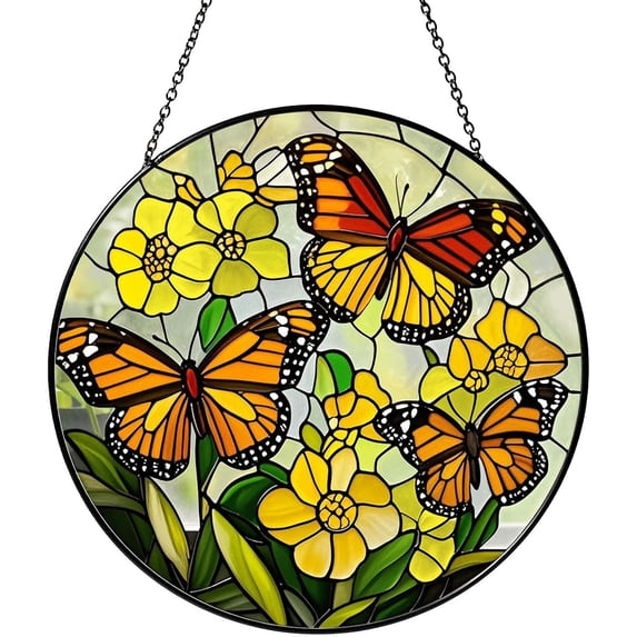 Butterfly with Flowers Sun Catcher Stained Glass Window Hanging for Women Butterfly Decor Handmade Sun Catcher Decoration for Garden Home Housewarming Gifts
