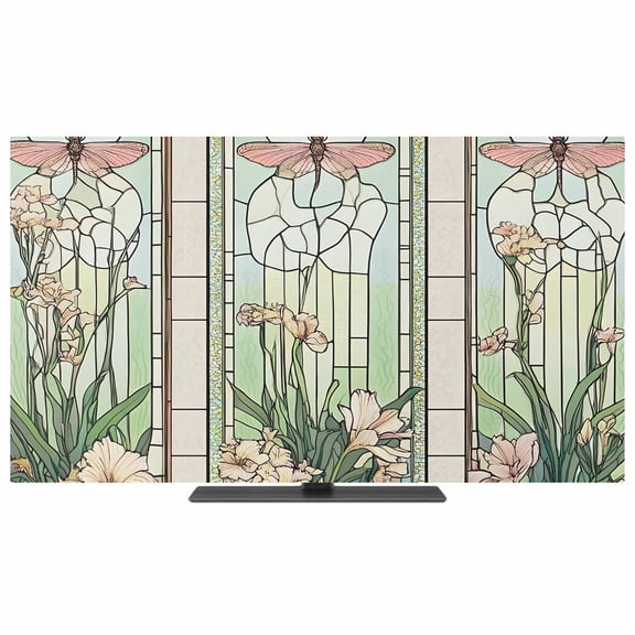 Butterfly Flowers TV Dust Cover,Stretchable TV Screen Desktop Computer Protector Cover,Vintage Stained Glass Green Spring Television Dustproof Slipcover for 19–24 Inch Flat or Curved TVs