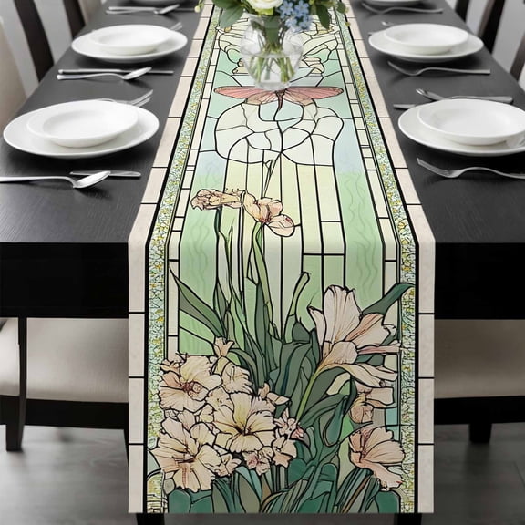 Butterfly Flowers Table Runner 36 Inches Long, Vintage Stained Glass Green Spring Kitchen Coffee Dining Table Decoration for Home Party Birthday Wedding Home Decor 13x36 Inches